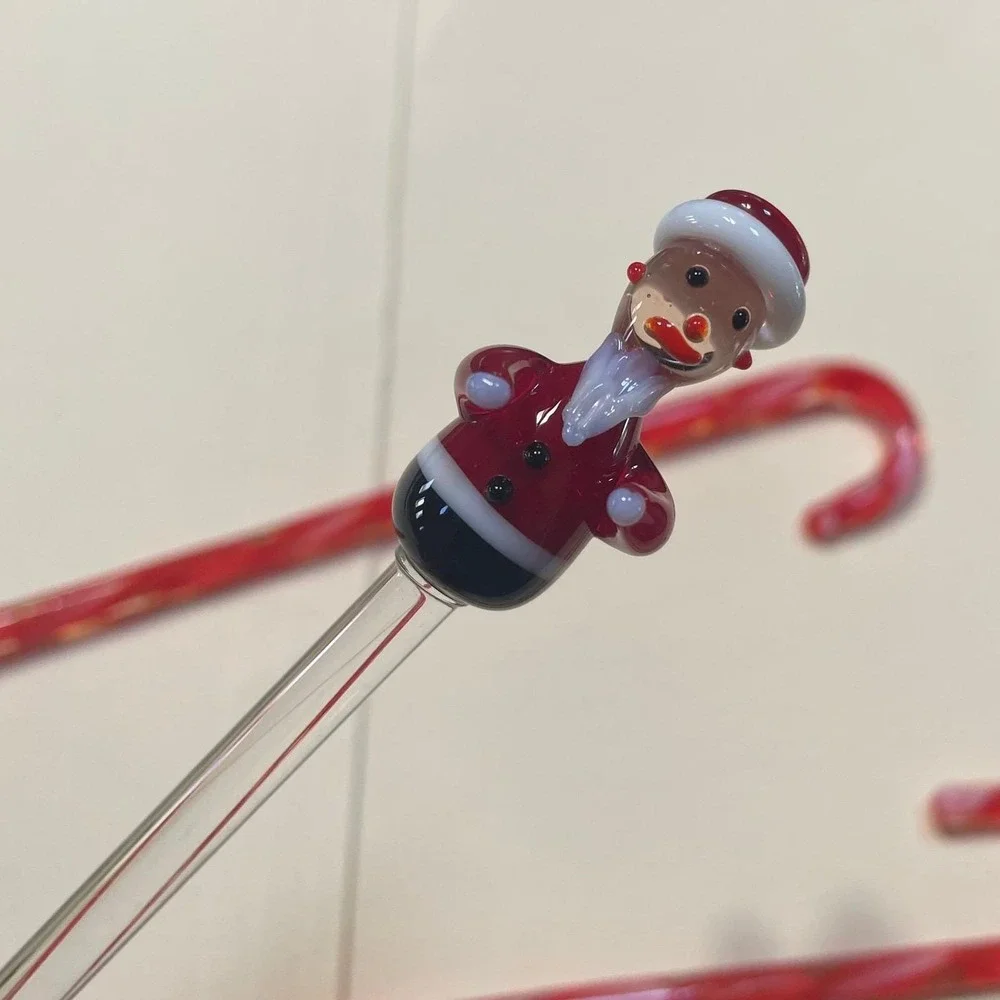 Vintage Glass Santa Cocktail Swizzle Stick + Candy Cane Stir‎ Rods Set of 3